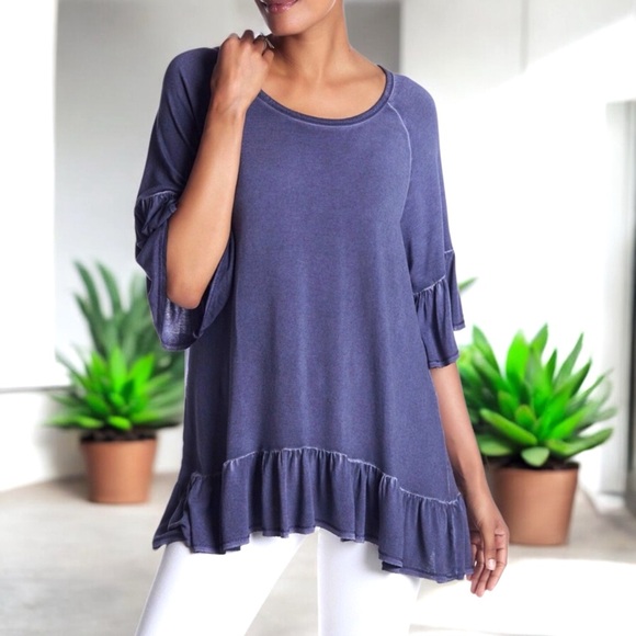 Dantelle Oil Dye Ruffle Hem Cold Shoulder Tunic Top - Picture 3 of 16
